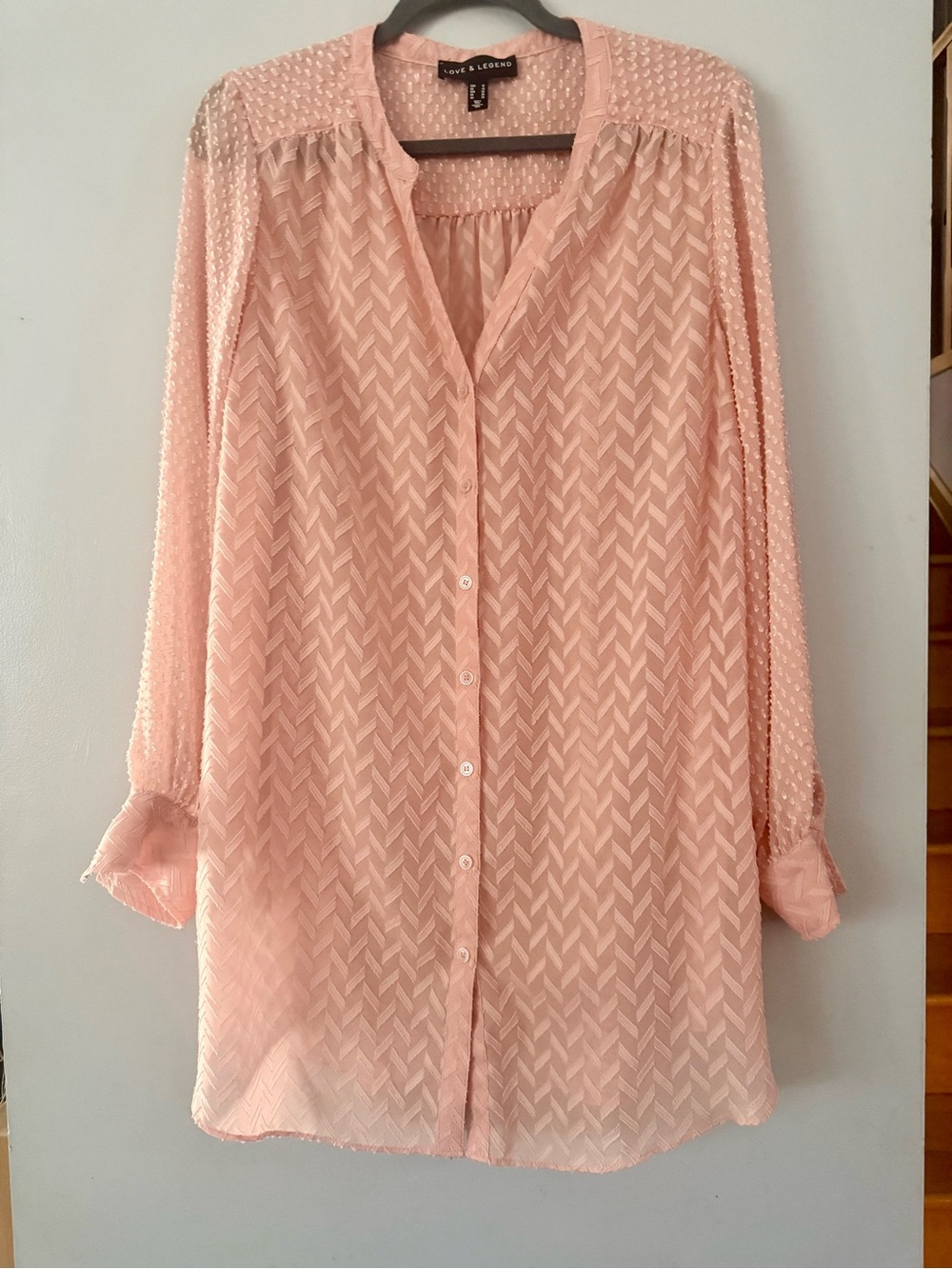 Love & Legend Blush PeachTextured Sheer Button Down Tunic Blouse Sz 16 PLUS SIZE